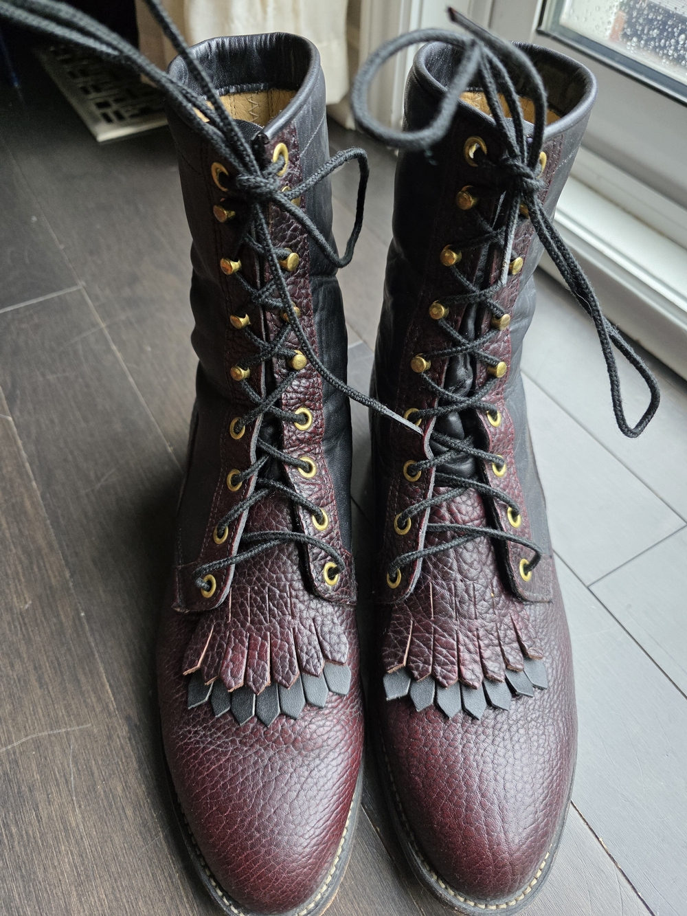 Burgundy Justin M 8.5 Lace-Up Leather Boots